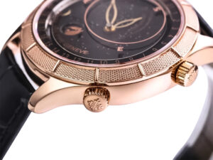 Close-up of the Celestial Only Watch Rose Gold with Black Dial, showcasing detailed rose gold case, intricate crown design.