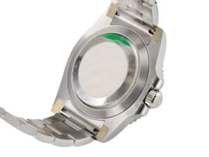 Back view of the Submariner (No Date) Stainless Steel with Black Dial (40mm), showcasing silver caseback and metal bracelet.