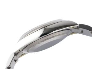 Side view of the Oyster Perpetual 41 Stainless Steel with Black Dial, showcasing its sleek stainless steel case design.