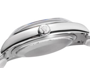Side view of the Oyster Perpetual 36 Stainless Steel watch showcasing the crown with the logo engraving.