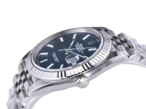 Datejust 41 Stainless Steel with Jubilee bracelet, fluted motif blue dial, and fluted bezel displayed at an angle.