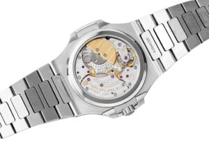 Back view of Nautilus Moonphase Stainless Steel watch with exposed automatic movement, silver bracelet, and 40mm case.