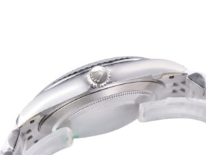 Side view of the Datejust 41 Stainless Steel on Jubilee bracelet, showcasing the fluted bezel and crown with logo detail.