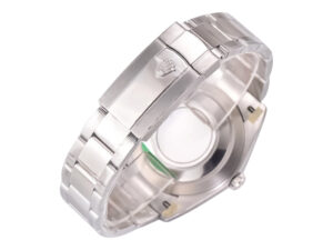 Back view of the Datejust 41 Stainless Steel on Oyster bracelet with a closed clasp featuring an engraved logo.