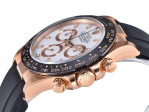 Cosmograph Daytona Rose Gold Oysterflex with Ivory Dial, featuring a sleek black strap and detailed rose gold accents.