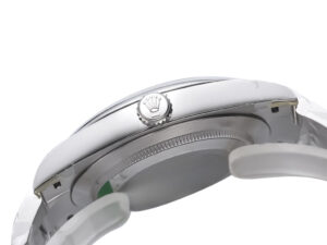 Side view of the Oyster Perpetual 41 Stainless Steel watch showcasing the crown and smooth polished case.