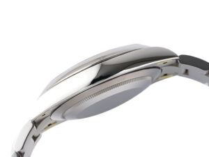 Side view of the Oyster Perpetual 41 Stainless Steel watch, showcasing its polished case and sleek profile.
