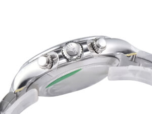 Side view of the Cosmograph Daytona Stainless Steel watch showcasing the crown, pushers, and case details.