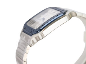 Side view of the Santos Large Stainless Steel watch with a white dial, blue bezel, and 40mm case displayed on product page.