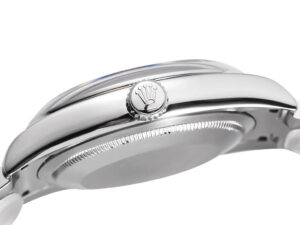 Side view of the Oyster Perpetual 36 Stainless Steel watch, showcasing its crown with the logo engraving.