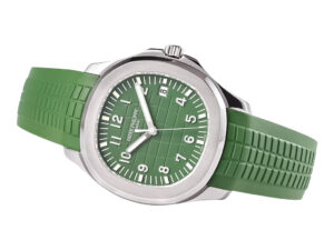 Aquanaut Stainless Steel 'Jumbo' watch with a 42mm case, green dial, white numerals, and matching textured green strap.