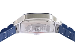 Back view of the Santos Large Stainless Steel watch with blue rubber straps, showcasing the stainless steel case and clasp.