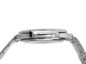 Side view of the Nautilus Stainless Steel ‘Iced Out’ (40mm) watch showcasing its sleek profile and detailed craftsmanship.