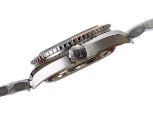 Side profile view of the Seamaster Planet Ocean 600 with Black Dial (43.5mm), showcasing the stainless steel case and crown.