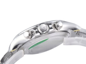Side view of the Cosmograph Daytona Stainless Steel watch showcasing its crown and pushers with a polished finish.