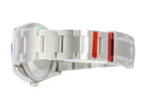 Oyster Perpetual 36 Stainless Steel watch bracelet with red protective stickers and visible clasp details.