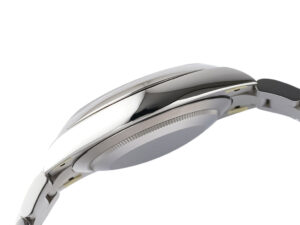 Side view of the Oyster Perpetual 41 Stainless Steel watch, showcasing its sleek and polished profile and construction.
