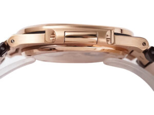 Side profile of the Nautilus Rose Gold watch with Chocolate Dial, featuring a 40mm case and leather strap.