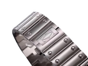 Close-up view of the Santos Large Stainless Steel watch bracelet, showcasing its sleek design and signature screw details.