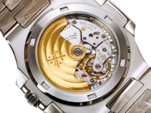 Close-up of the back case showcasing the automatic mechanism & intricate details of Nautilus Stainless Steel with Blue Dial.