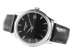 Stainless steel watch with a black dial, 39mm case, sleek silver markers, and a black leather strap displayed at an angle.