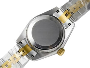 Back view of the Lady-Datejust 28 Two Tone Yellow Gold on Jubilee bracelet with fluted bezel and silver dial.
