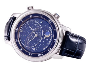 Celestial Stainless Steel watch with blue dial featuring moon phase design, Roman numerals, and black leather strap.