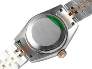 Back view of the Lady-Datejust 28 Two Tone Rose Gold on Jubilee with Green Diamond Dial, Diamond Bezel, caseback details.