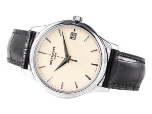 Calatrava stainless steel watch with ivory dial (39mm) featuring a date display and black leather strap.