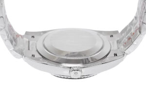 Back view of the Day-Date 40 Platinum ‘President’ watch showing its smooth bezel, platinum case, and bracelet.