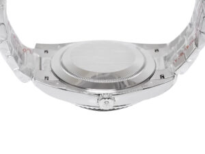 Rear view of the Day-Date 40 White Gold ‘President’ watch, showcasing its polished case back and integrated bracelet clasp.