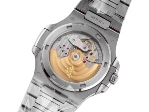 Back view of the Nautilus Stainless Steel 'Iced Out' (40mm) watch, showcasing its intricate exposed mechanical movement.