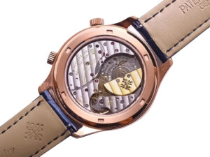 Back view of the Celestial Only Watch Rose Gold with Blue Dial, showcasing its mechanical movement and rose gold casing.