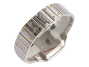 Close-up of Santos Large Two Tone Yellow Gold watch strap, highlighting the silver and gold accents with a secure clasp.