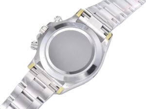 Back view of Cosmograph Daytona Stainless Steel watch, showcasing the case back and metal bracelet with polished finish.