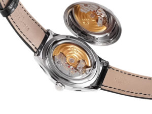 Back view of Calatrava Stainless Steel with Ivory Dial (39mm) showcasing its exposed mechanical movement and leather strap.