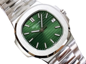 Nautilus Stainless Steel with Green Dial (40mm) featuring a striped green face, silver markers, date display.