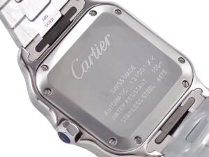 Back case of Santos Medium Stainless Steel with White Dial (35mm) showing engraved details, Swiss-made and water resistance.