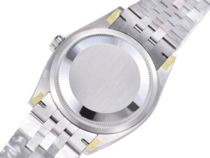 Back view of Datejust 36 Stainless Steel on Jubilee bracelet, showcasing the caseback and polished stainless steel finish.