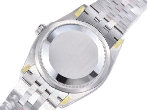 Back view of Datejust 36 Stainless Steel on Jubilee bracelet with a smooth stainless steel case back and fluted bezel.