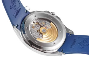 Back view of the Aquanaut Stainless Steel ‘Jumbo’ 42mm watch showcasing its intricate movement and blue strap.