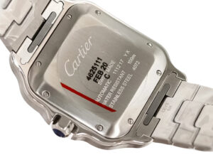 Back view of the Santos Large Stainless Steel watch, highlighting the engraved details on its stainless steel case and clasp.