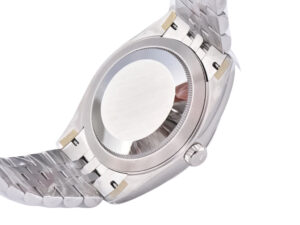 Back view of the Datejust 41 Stainless Steel on Jubilee bracelet, showcasing closed case back and part of the fluted bezel.