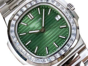 Nautilus Stainless Steel watch with a green dial, diamond bezel, 40mm size, and silver bracelet displayed up close.