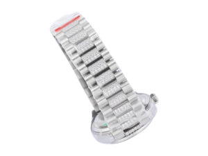 Day-Date 36 Stainless Steel 'President' watch with diamond-set bracelet, shown angled to display its intricate detailing.