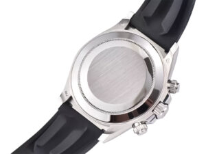 Back view of the Cosmograph Daytona Stainless Steel Oysterflex featuring a polished case and black rubber strap.