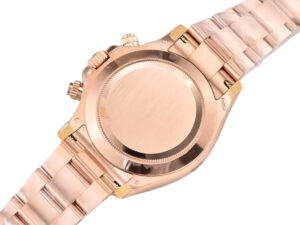 Back view of Cosmograph Daytona Rose Gold watch with a detailed look at its smooth case back and elegant rose gold bracelet.