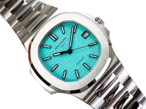 Nautilus Stainless Steel 'Tiffany' watch with a 40mm case, Tiffany Blue dial, and stainless steel bracelet displayed.