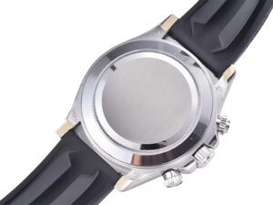 Back view of the Cosmograph Daytona Stainless Steel Oysterflex with Matte Black ‘Racing Dial,’ highlighting polished case.