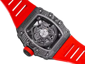 Back view of RM 35-02 Rafa watch with black bezel, visible intricate mechanism, and red rubber strap featuring cutout design.